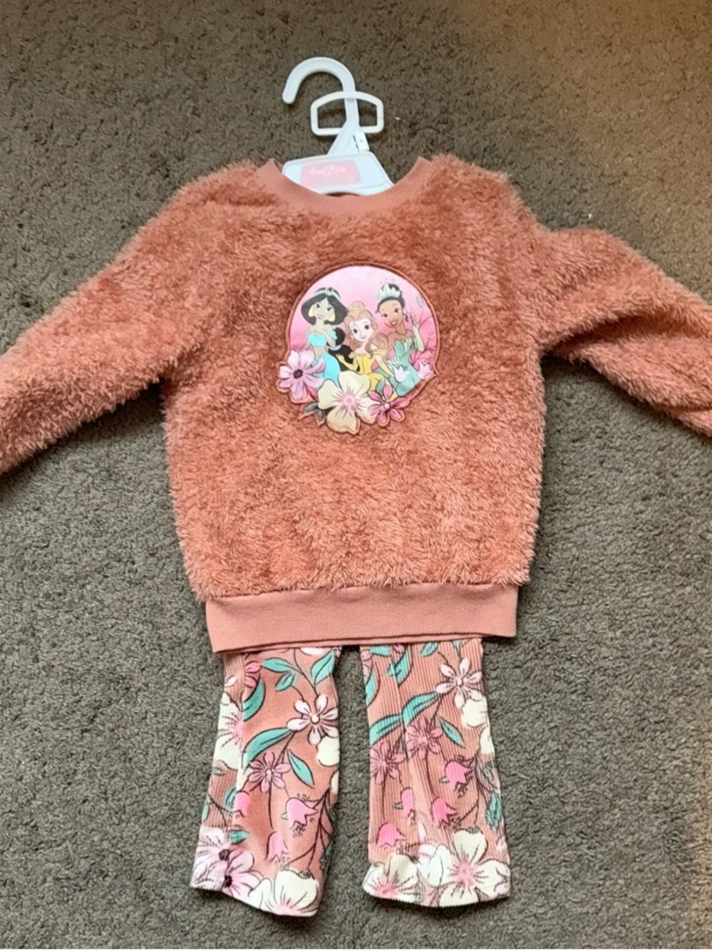 Disney Coral Fuzzy Princess Sweatshirt with Floral Pants